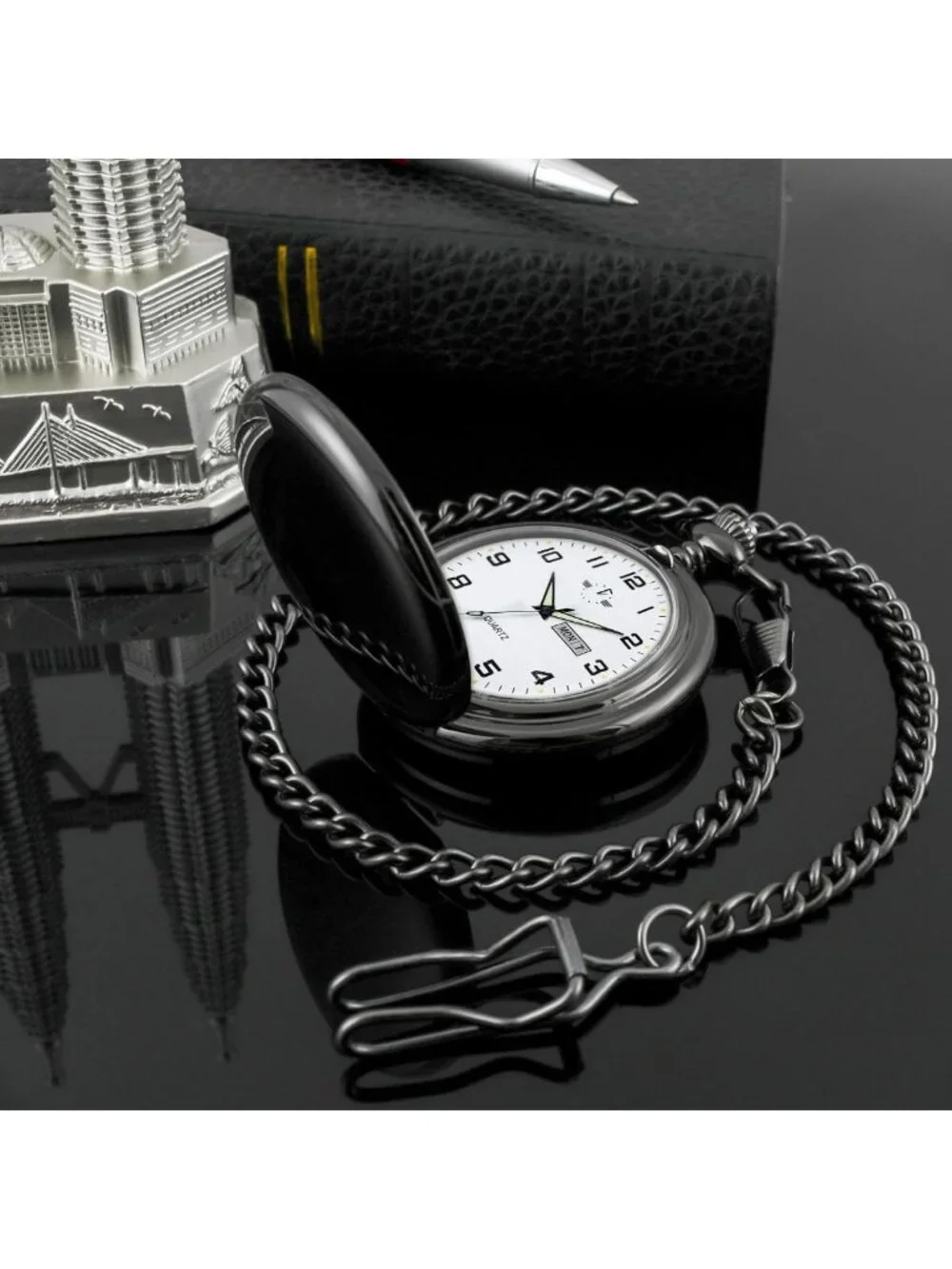 Classic Luminous Quartz Pocket Watch for Men - Arabic Dial, Day Date, Chain Gift